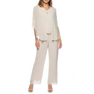 NEW MARINA Beige Keyhole V-Neck Chiffon 3/4 Sleeve 3-Piece Pant Set